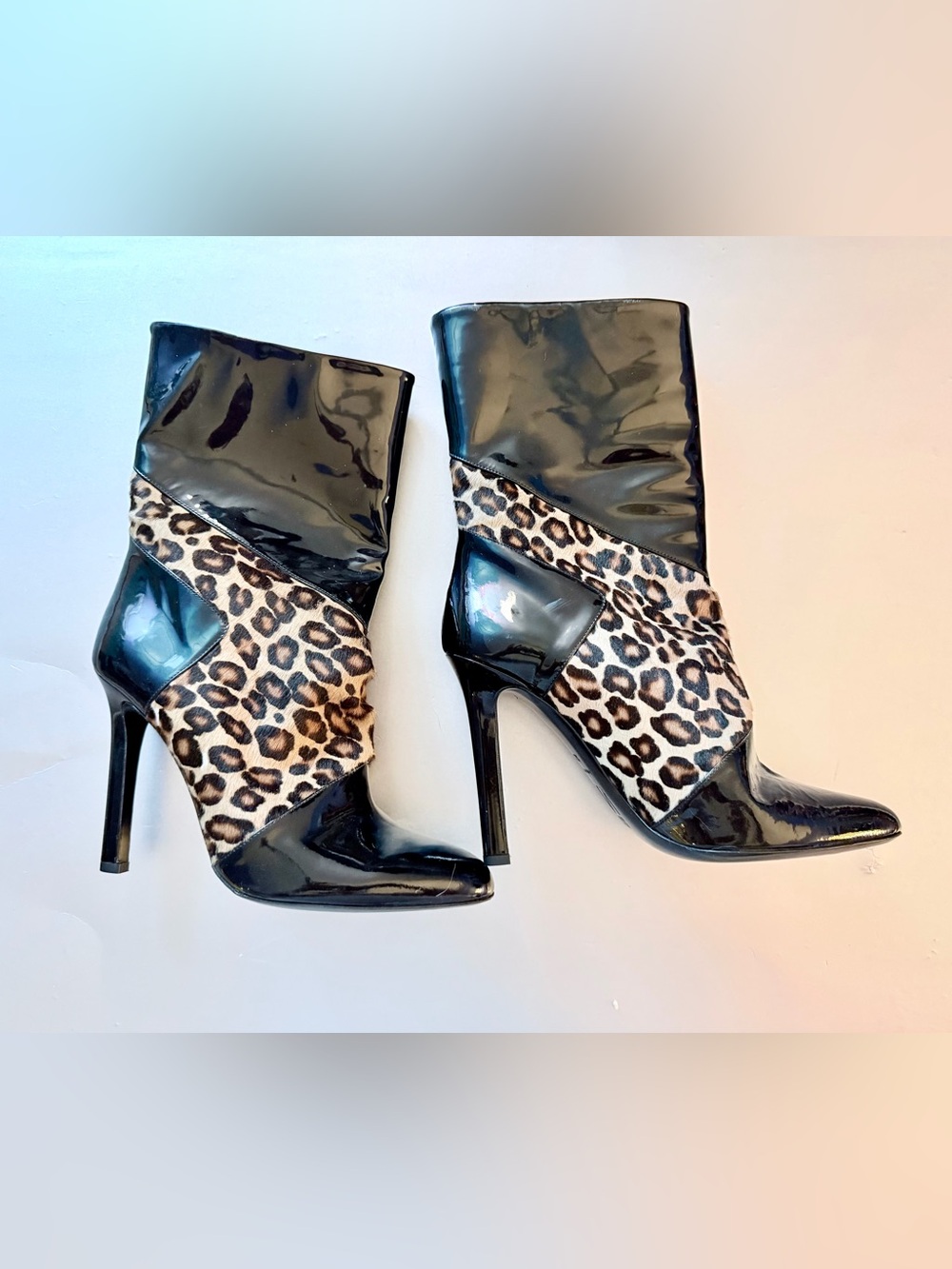 Tamara Mellon Black Patent Leather and Leopard Print Stiletto Ankle Boots 37.5/7